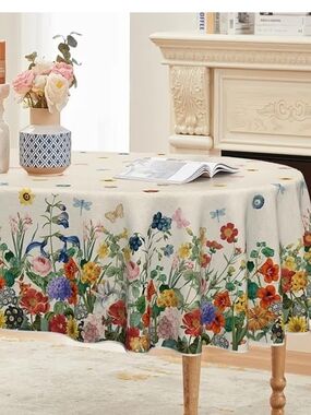Cream Floral Border Round Tablecloth with Multicolor Garden Print